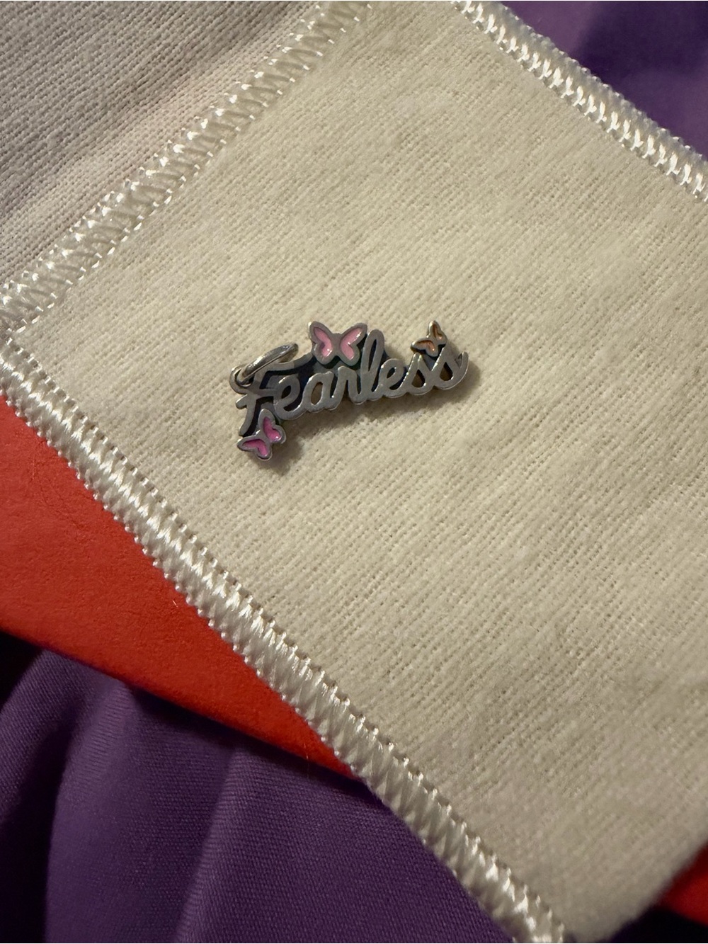 James Avery Fearless Script Charm Pin with Pink Butterfly Accents
